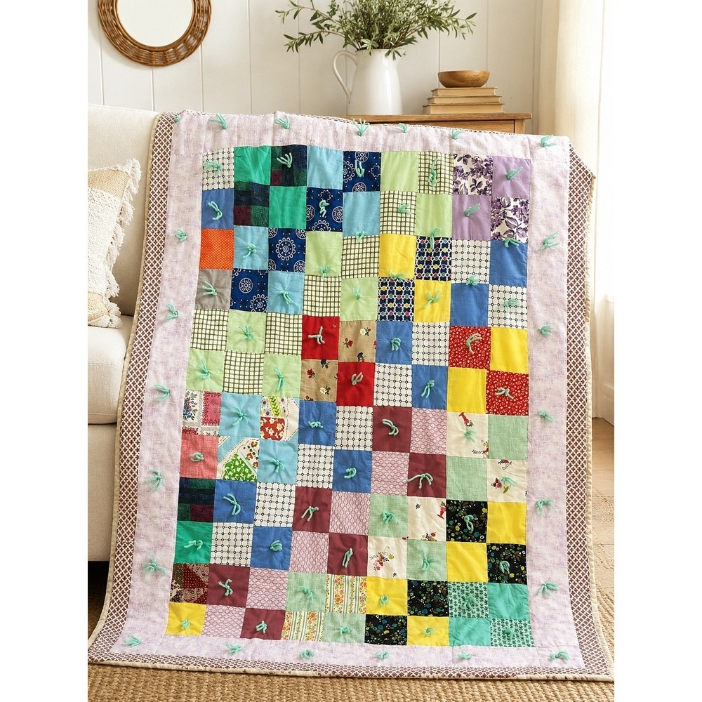 Handmade Vintage Patchwork Tied Quilt Throw Blanket 40x48